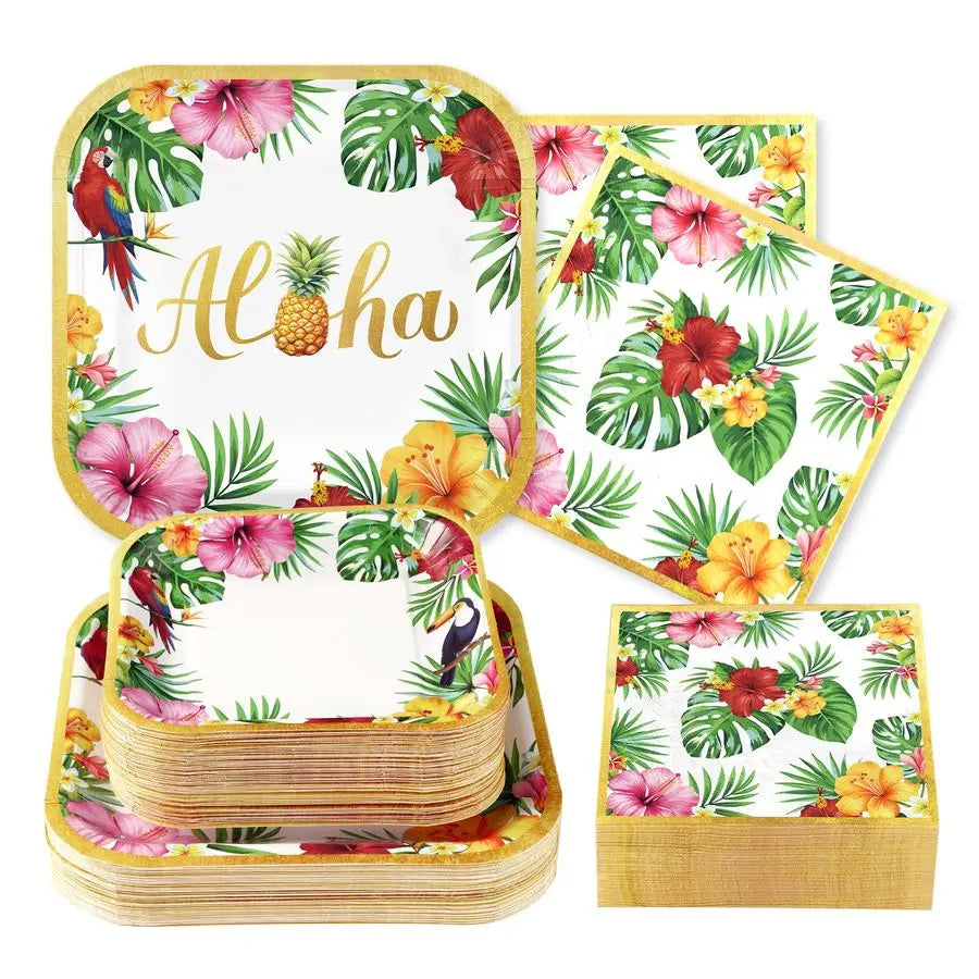Christmas Hawaiian Party Decorations Aloha Tropical Christmas Hibiscus Floral Luau Plates and Napkins Palm Leaf Tableware Sets f