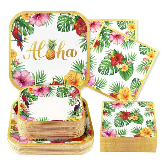 Christmas Hawaiian Party Decorations Aloha Tropical Christmas Hibiscus Floral Luau Plates and Napkins Palm Leaf Tableware Sets f