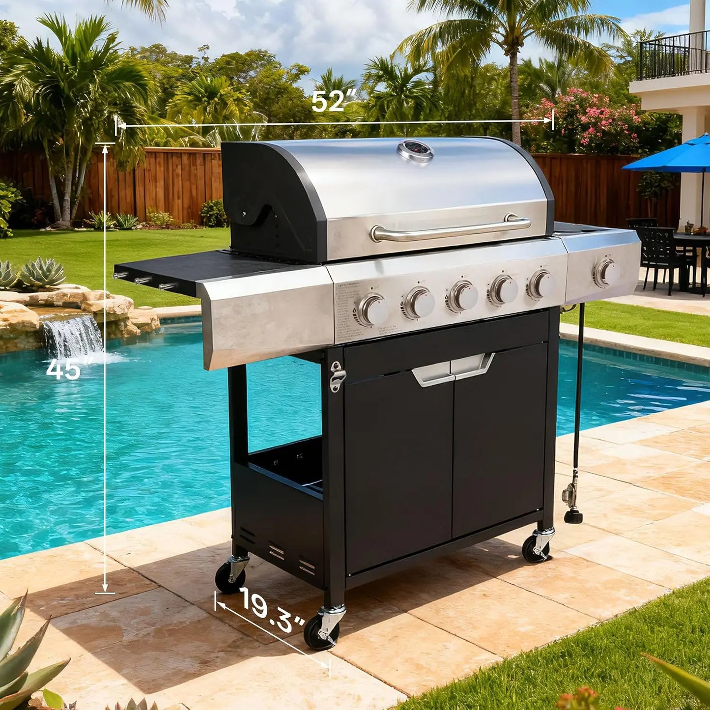 58,500 BTU 5-Burner Propane Gas Grill BBQ with Side Burner, Porcelain Grates, Wheels