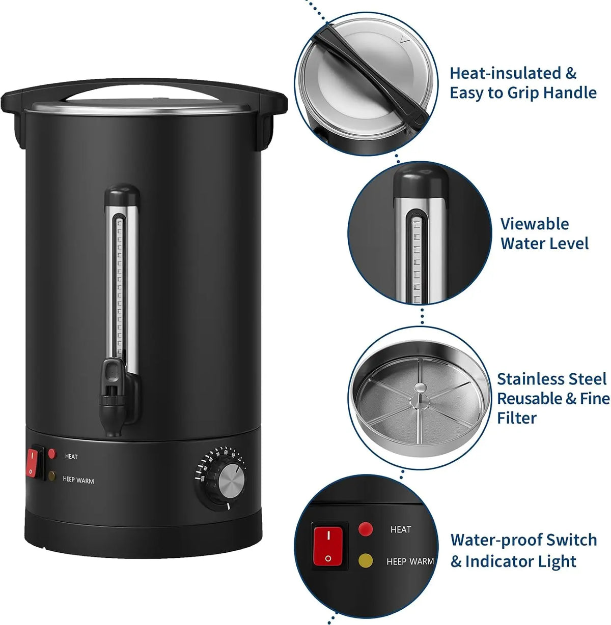 Tacleekii 12L 14L 18L Commercial Double Wall Coffee Maker 80 Cups-120 Cups Hot Water Urn Large Capacity Large Capacity Hot Coffee & Water Urn for Wedding, Buffet, Catering, Office, Black Finish