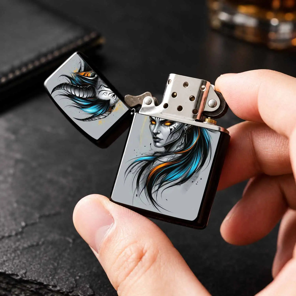 Stylish Tiefling Character Portable Igniter, Bold Cyan Orange Contrast Dark Fantasy Themed Accessory, Fits All Daily Scenarios, Ideal Unique Present For Friends And Hobbyists, Combines Decor Display And Practical Usage A Humo
