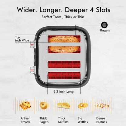 4 Slice Toaster, 1.5" Extra Wide Stainless Steel Slots, Dual Controls, Removable Crumb Tray, 6 Shade Settings, Black
