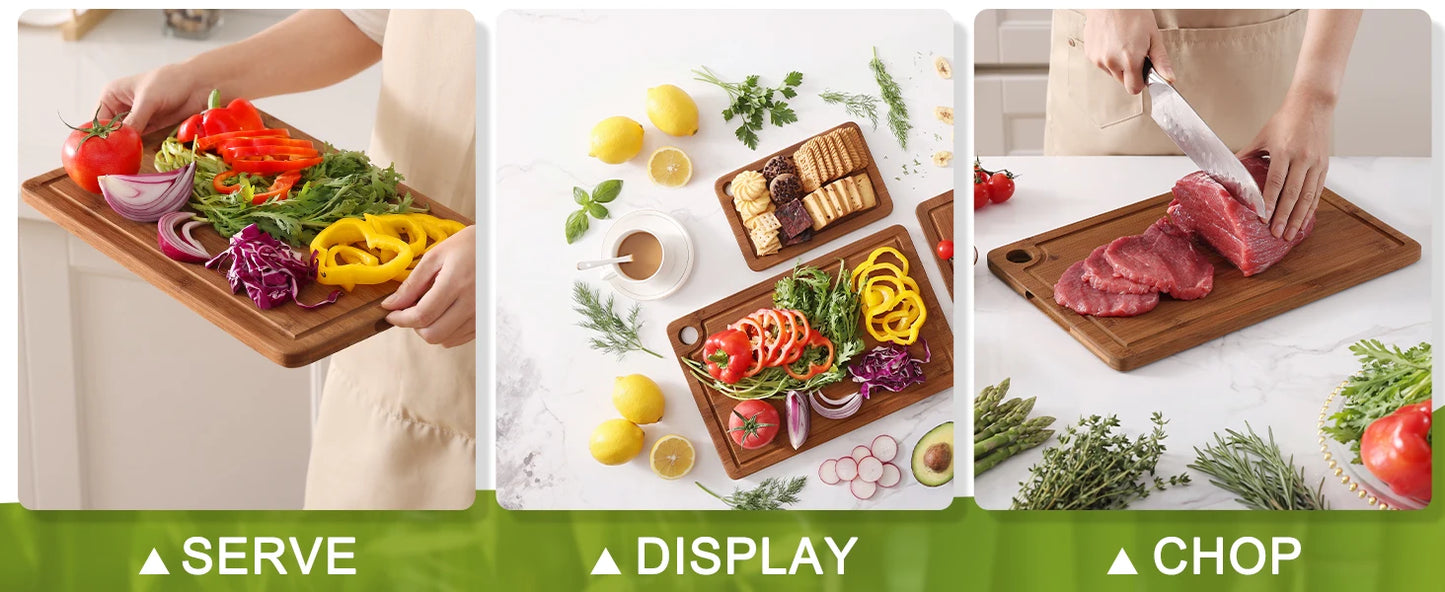Tool And Gadget Sets - Bamboo Cutting Boards for The Kitchen - Three-Piece Wooden Cutting Boards with Juice Slot, Side Handles And Non-Slip Pads - Suitable for Meat, Vegetables And Fruits - Ideal Kitchen Gift - Suitable for V