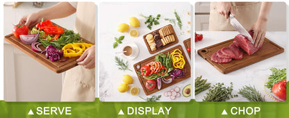 Tool And Gadget Sets - Bamboo Cutting Boards for The Kitchen - Three-Piece Wooden Cutting Boards with Juice Slot, Side Handles And Non-Slip Pads - Suitable for Meat, Vegetables And Fruits - Ideal Kitchen Gift - Suitable for V