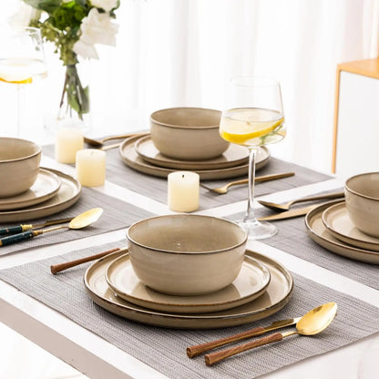 Ceramic Dinnerware Sets for 6, 18 Pieces Stoneware Plates and Bowls Sets, Scratch Resistant Dishes Reactive Glaze-Cappuccino