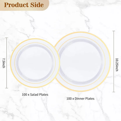 200PCS Gold Disposable Party Plates Set, 100 Dinner & 100 Dessert Plates for Wedding Birthday Events