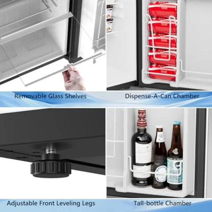 Dorm fridge with freezer: 3.2 cu.ft silver compact refrigerator for bedroom, office, kitchen, dorm; reversible door, adjustable