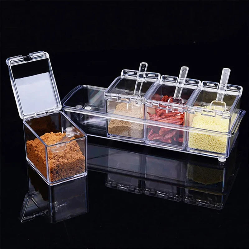 1PC Kitchen Spice Pot 4 Transparent Seasoning Boxes Storage Containers Seasoning Cans Acrylic Seasoning Boxes With Lids Spoons