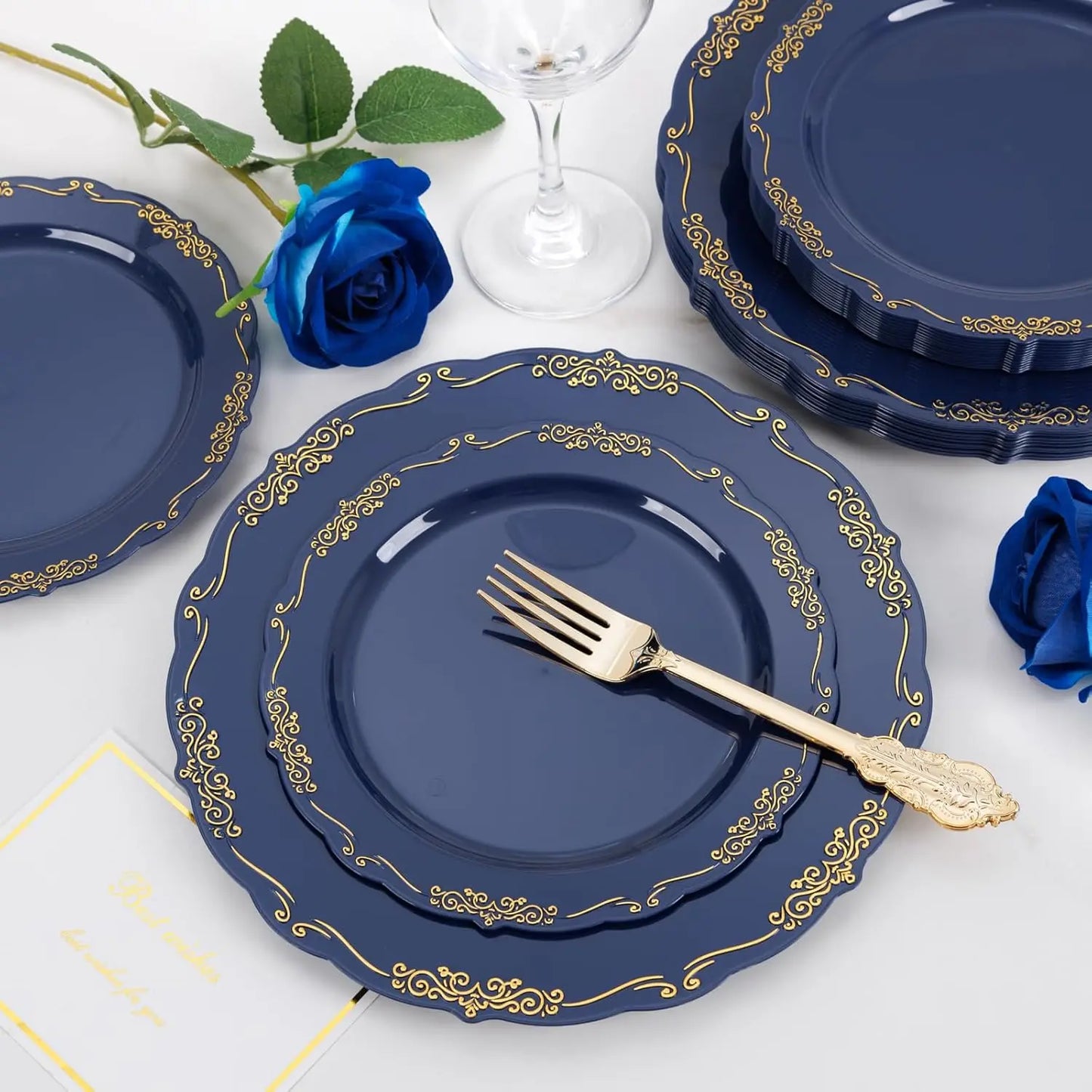 150Pcs Blue Plastic Plates Heavy Duty Navy Blue Disposable Plates with Gold Plastic Silverware include 30 Dinner Plate,30 Des
