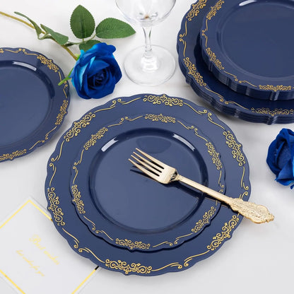 150Pcs Blue Plastic Plates Heavy Duty Navy Blue Disposable Plates with Gold Plastic Silverware include 30 Dinner Plate,30 Des