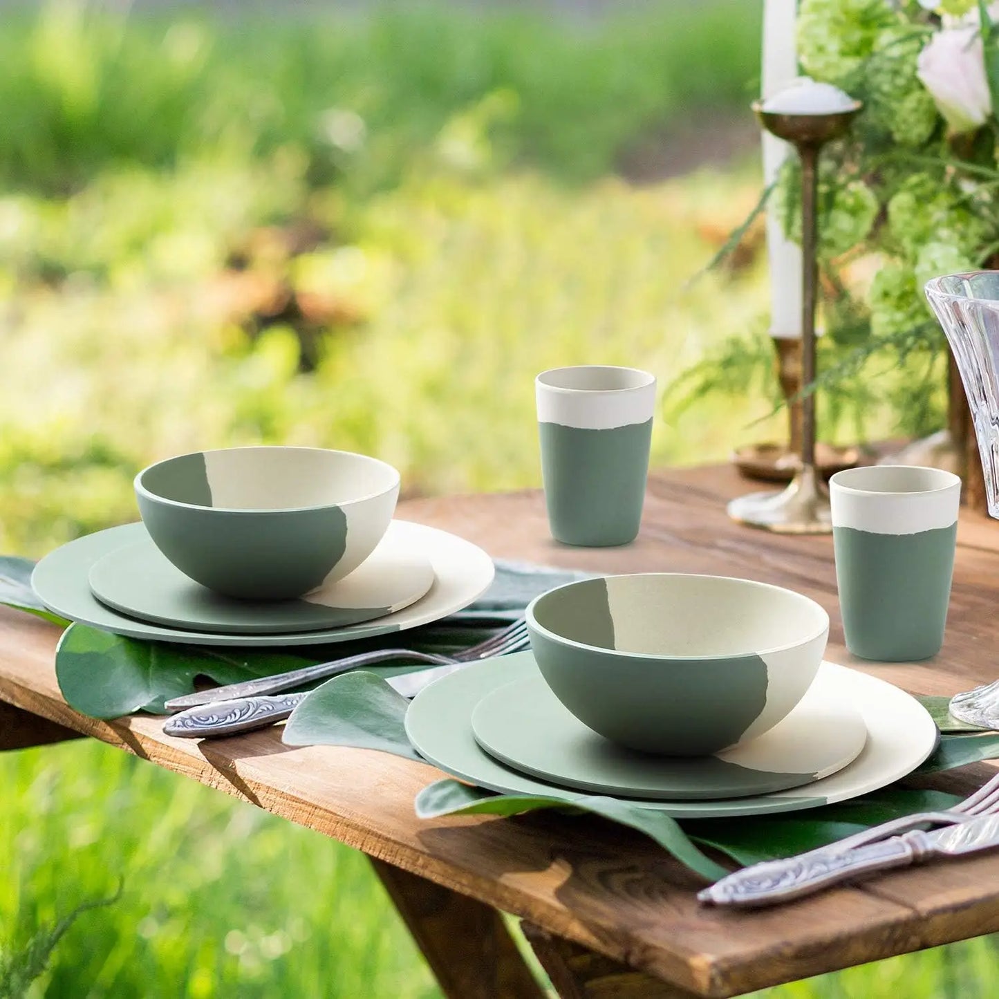 8-Piece Bamboo Camping Plates & Bowls Set, Lightweight Reusable Dinnerware, Eco-Friendly Picnic Dish Set for Camping, RV, Hiking