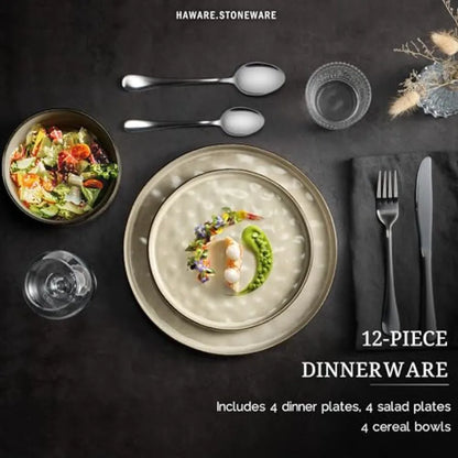 Dinnerware Sets 12-Piece Plates and Bowls Set Stoneware Dish Set for 4 Ceramic Dinnerware for Home Restaurant Chip and Scratch