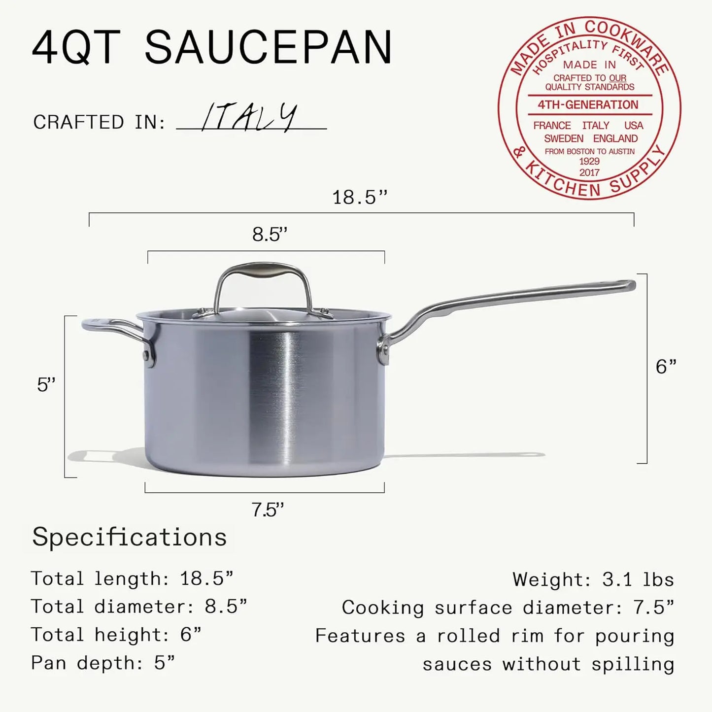 4 Quart Stainless Steel Saucepan with Lid, 5 Ply Clad, Induction Compatible, Crafted in Italy