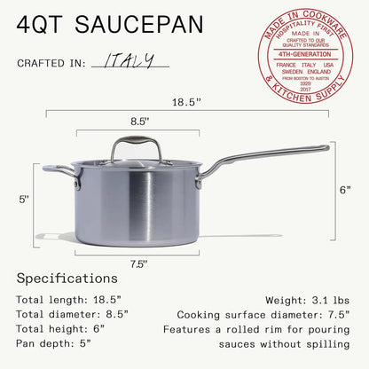 4 Quart Stainless Steel Saucepan with Lid, 5 Ply Clad, Induction Compatible, Crafted in Italy