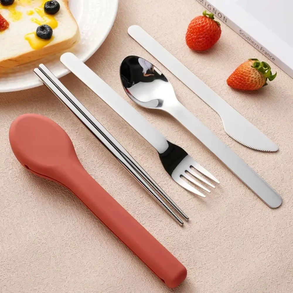 3pcs/set With Silicone Case Travel Cutlery Set Rust-proof Reusable Flatware Set 304 Stainless Steel Mirror Polished