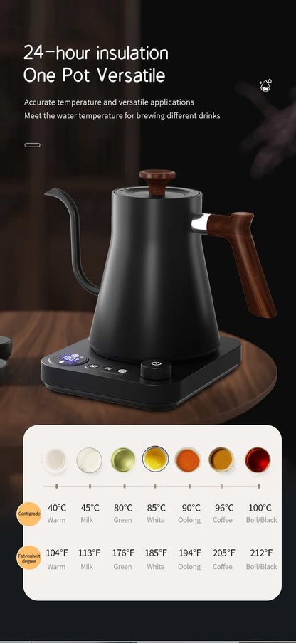 110V/220V Gooseneck Electric Kettle Smart Temperature Control Pot 1200W Rapid Heating Kettle 304 Stainless Steel Liner Pot 900ml