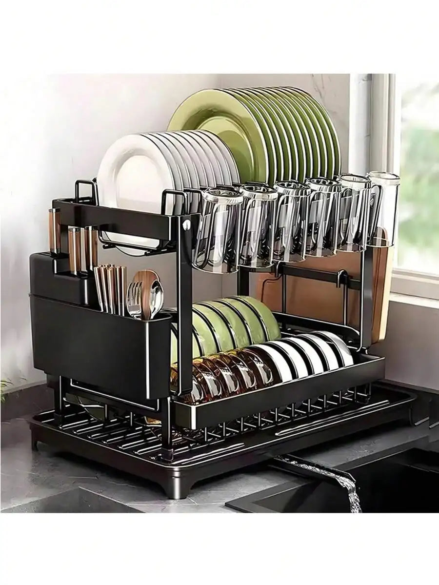 Dish Drying Rack,2-Tier Stainless Steel Dish Rack With Drainer Plate,Cup & Utensil Holder,Cutting Board Storage,Space-Saving Kitchen Organizer For Kitchen Counter & Sink,Mugs & Dinner Plates,Apartment Essentials,Kitchen Acces