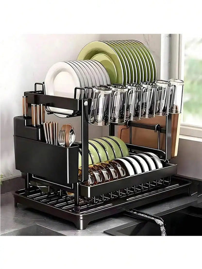 Dish Drying Rack,2-Tier Stainless Steel Dish Rack With Drainer Plate,Cup & Utensil Holder,Cutting Board Storage,Space-Saving Kitchen Organizer For Kitchen Counter & Sink,Mugs & Dinner Plates,Apartment Essentials,Kitchen Acces