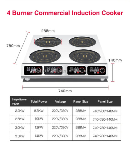 Warranty CE 3500W Industrial Hotel Restaurant Stainless Steel Electric 4 Burner Commercial Induction Cooker Manufacturer