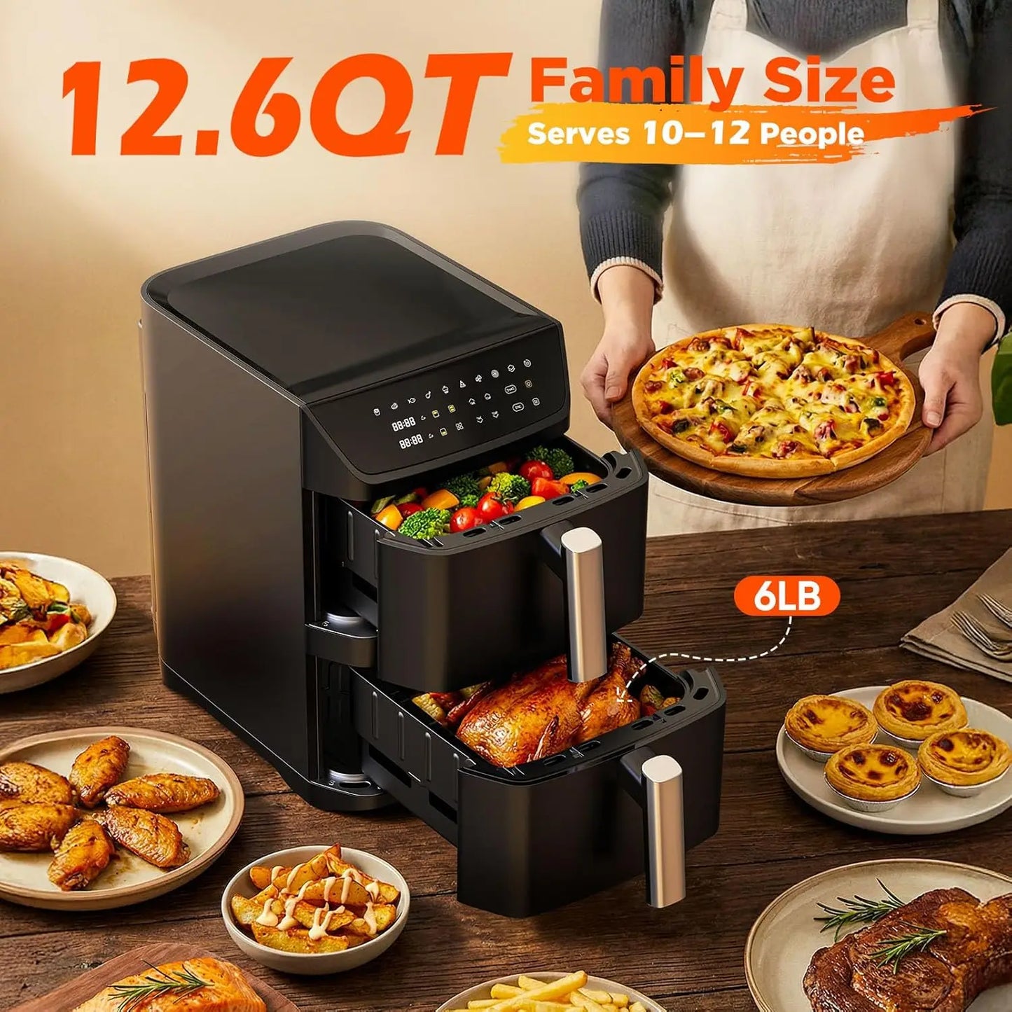 12.6QT Dual Basket Air Fryer, Family-Size for 10-12, XL Basket Fits 6LB Chicken, DoubleStack Compact, 10-in-1 with SyncFinish, Dishwasher-Safe
