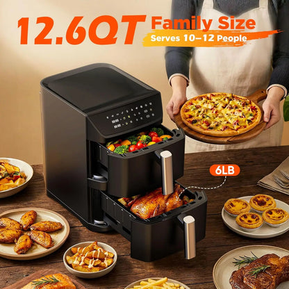 12.6QT Dual Basket Air Fryer, Family-Size for 10-12, XL Basket Fits 6LB Chicken, DoubleStack Compact, 10-in-1 with SyncFinish, Dishwasher-Safe
