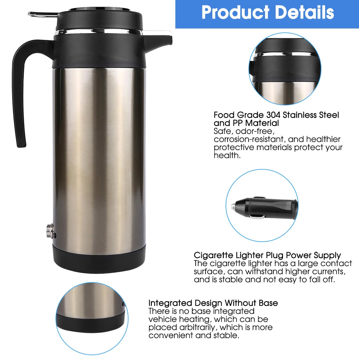 1000ML 12V/24V Stainless Steel Electric in Car Kettle Travel Thermoses Heating Water Bottle Electric in car Kettle in car Kettle