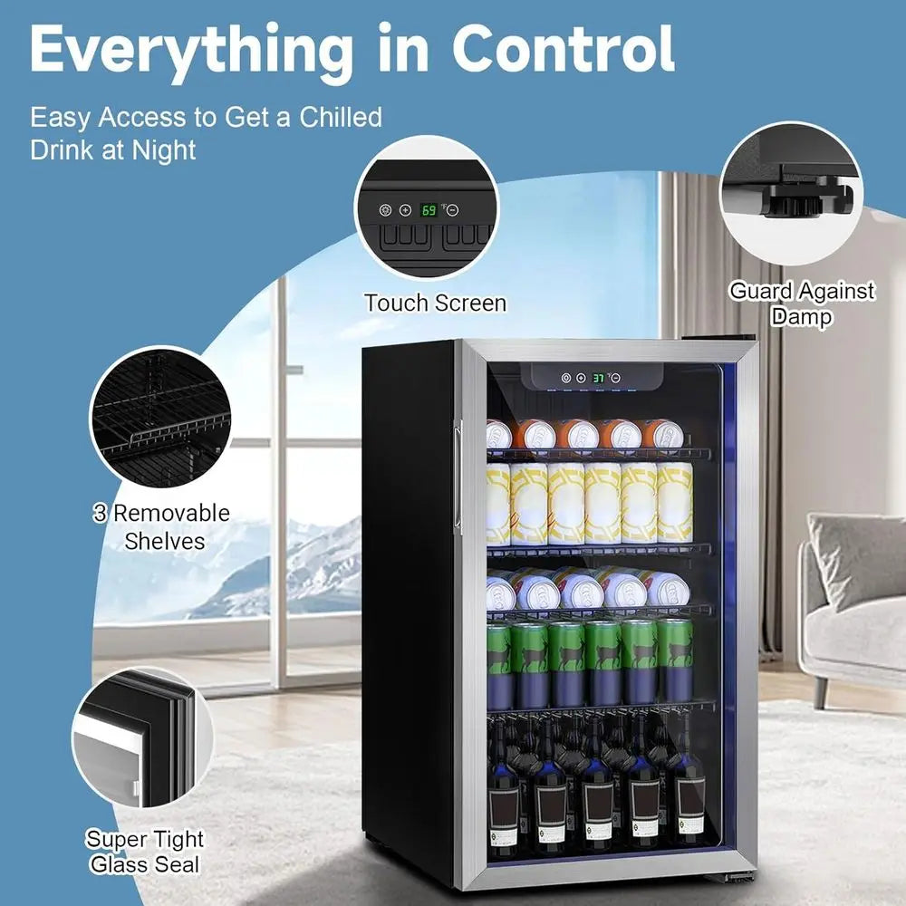 Compact 3.0 Cu. Ft. Beverage Refrigerator with Glass Door, Adjustable Shelves, and Temperature Control for Soda, Beer, or Wine