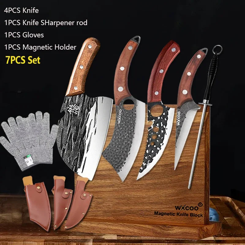 WXCOO Kitchen Knife for Cooking BBQ Lamb Beef Meat Cleaver Fruit Slicing Hand forged Butcher Knife Magnetic Knife Holder Set