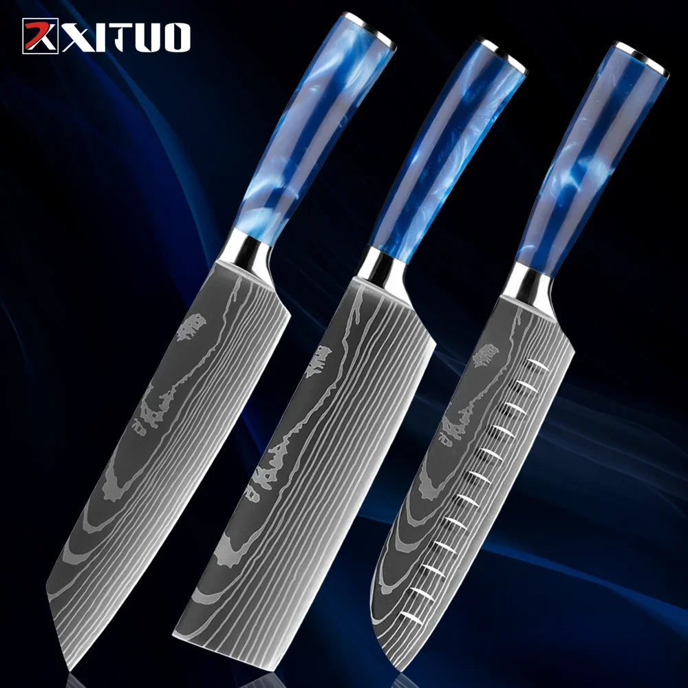 Stainless Steel Chef Knife Kitchen Knife Set 1-8Piece Razor-Sharp Paring Knife, Boning Knife, Santoku Knife, Blue Resin Handle