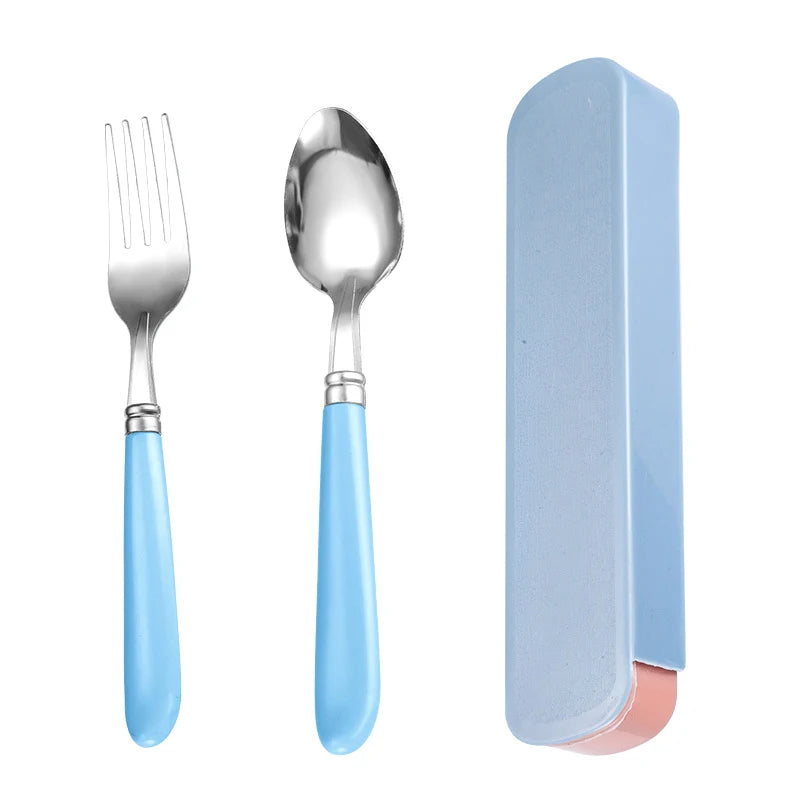 2Pcs/Set Portable Spoon Fork Combination Travel Tableware Set Stainless Steel Dinnerware With Box For Kid School Cutlery