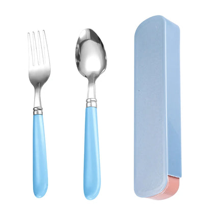 2Pcs/Set Portable Spoon Fork Combination Travel Tableware Set Stainless Steel Dinnerware With Box For Kid School Cutlery