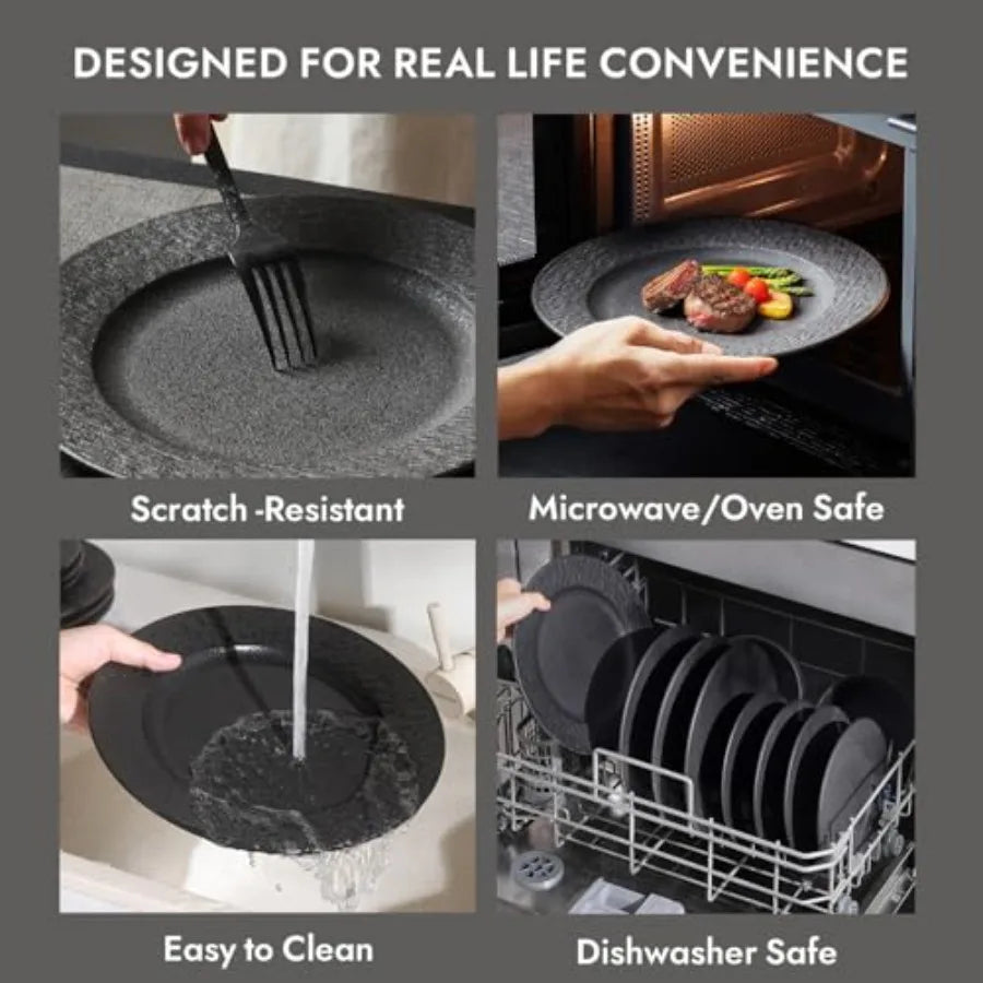 Black Dinnerware Sets 18-Piece Matte Marble Pattern Premium Porcelain Place Setting with Dinner Plate Salad Plate Pasta Bowl Mi