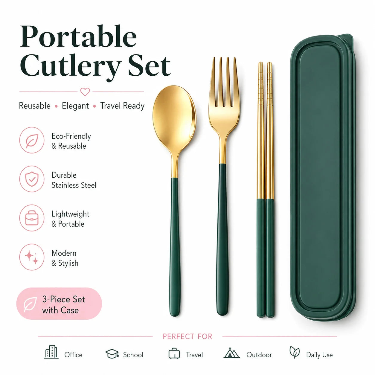 3PCS Portable Stainless Steel Cutlery Set with Case, Green Gold Reusable Spoon Fork Chopsticks Travel Tableware Set for Office School Camping Picnic