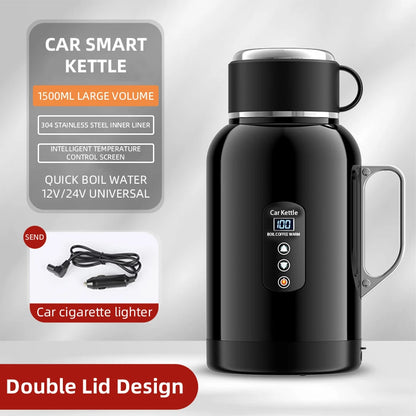 12V/24V Universal Car Kettle 1300ML/1500ML Large Capacity Smart Electric Water Heater LCD Display Temperature Control Stainless