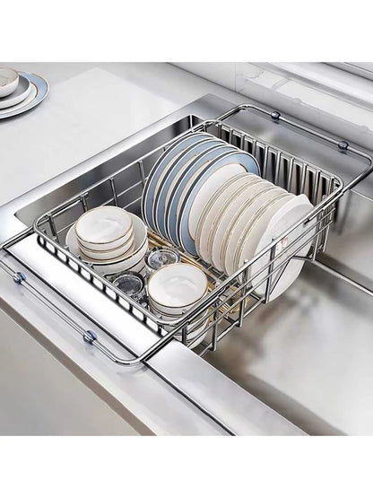 Stainless Steel Telescopic Sink Drain Rack Non-Slip Dish Drying Kitchen Bathroom Countertop Organizer Rack for Household Use