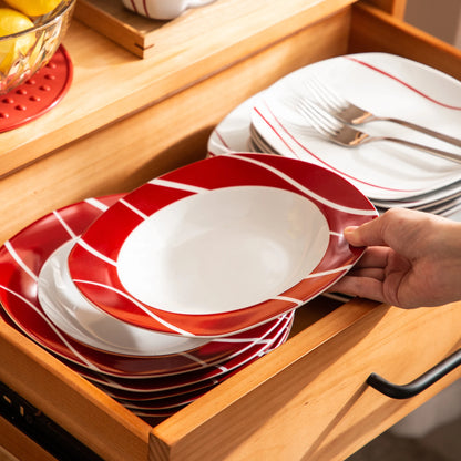 MALACASA Series Felisa 30 Piece Red Stripes Ivory White Porcelain Dinner Set with 6 Piece Cups Saucers Dessert Soup Dinner Plate
