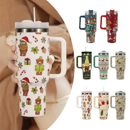 Christmas pattern mug with festive reindeer design and green handle, perfect for holiday beverages.
