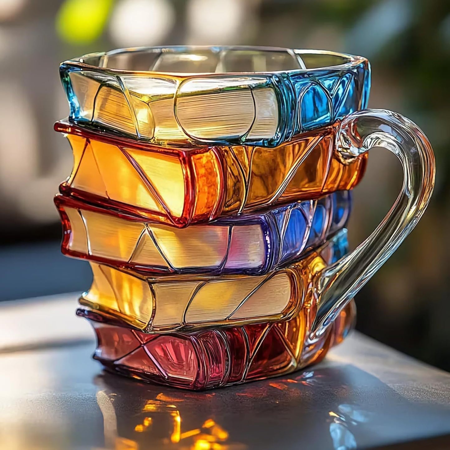Book shaped glass mug featuring a colorful 3D design resembling a stack of illustrated books.