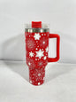 Christmas pattern mug with festive reindeer design and green handle, perfect for holiday beverages.