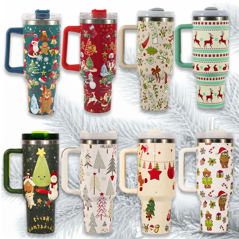 Christmas pattern mug with festive reindeer design and green handle, perfect for holiday beverages.