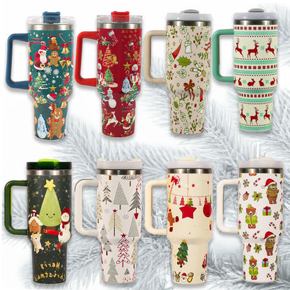 Christmas pattern mug with festive reindeer design and green handle, perfect for holiday beverages.