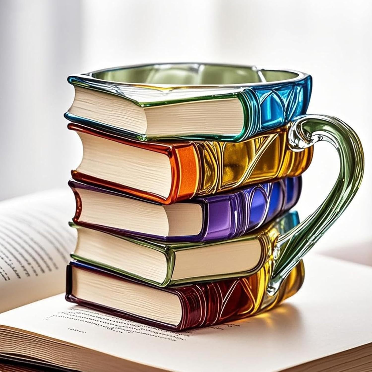 Book shaped glass mug featuring a colorful 3D design resembling a stack of illustrated books.