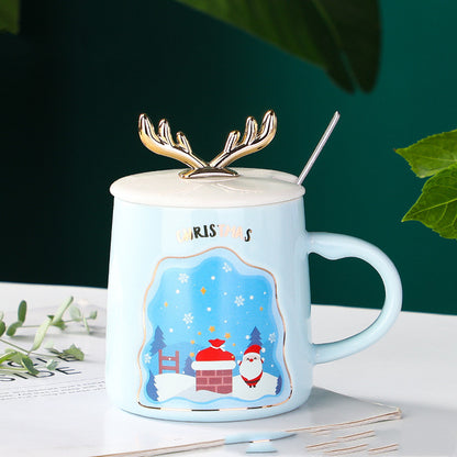 easy grip coffee mug set in festive Christmas colors with decorative antlers, perfect for holiday beverages.