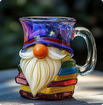Book shaped glass mug featuring a colorful 3D design resembling a stack of illustrated books.