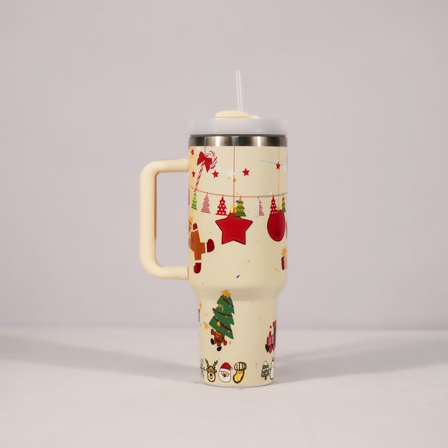 Christmas pattern mug with festive reindeer design and green handle, perfect for holiday beverages.