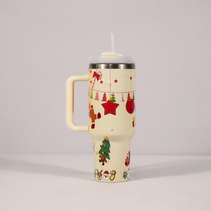 Christmas pattern mug with festive reindeer design and green handle, perfect for holiday beverages.