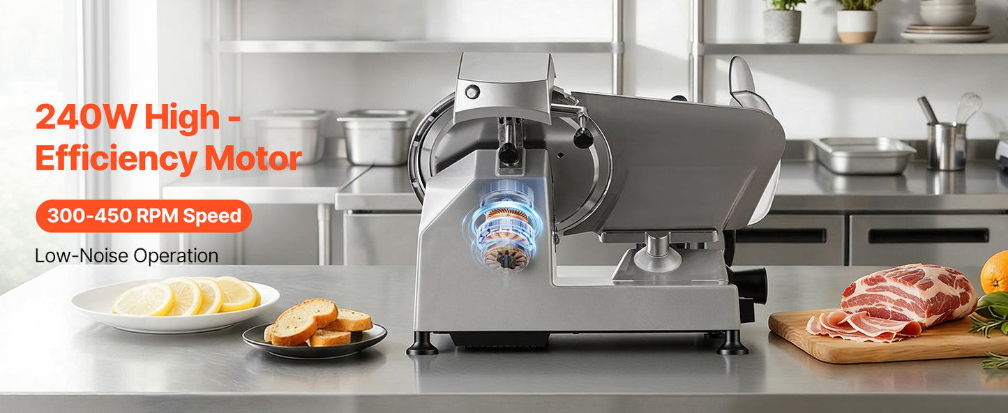 SucceBuy 10" 240W Commercial Meat Slicer w/ Carbon Steel Blade Built-In Sharpener & 0-0.47" Adjustable Thickness for Frozen Meat