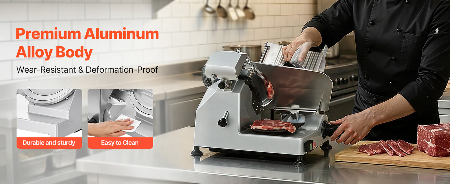 SucceBuy 10" 240W Commercial Meat Slicer w/ Carbon Steel Blade Built-In Sharpener & 0-0.47" Adjustable Thickness for Frozen Meat