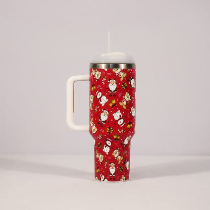 Christmas pattern mug with festive reindeer design and green handle, perfect for holiday beverages.