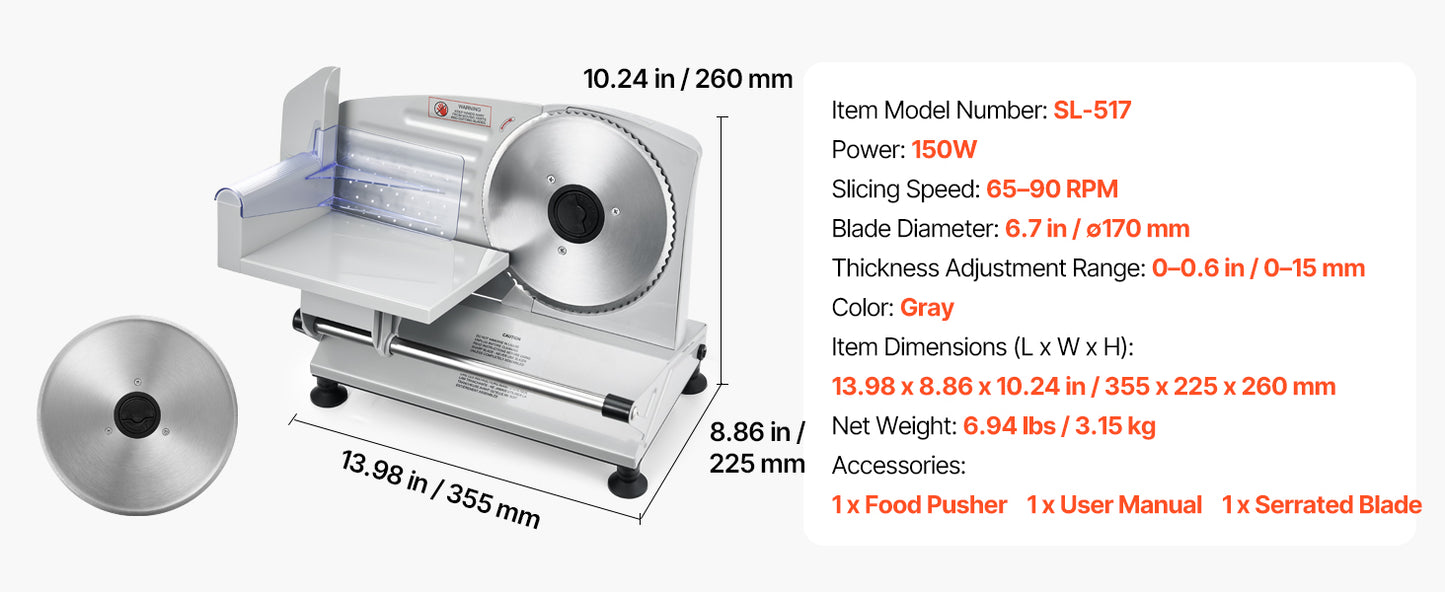 SucceBuy 6.7-8.7inch Meat Slicer Electric Deli Slicer Machine with two SUS420 Blades Food-Slicer for Meat Ham Baguett, Steak